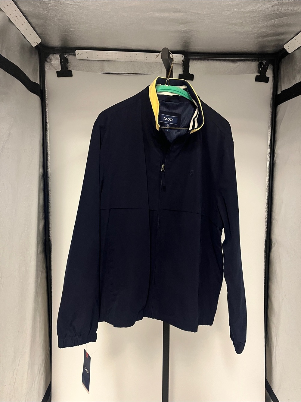 Izod Navy Windbreaker Jacket with Yellow & Green Contrast Collar